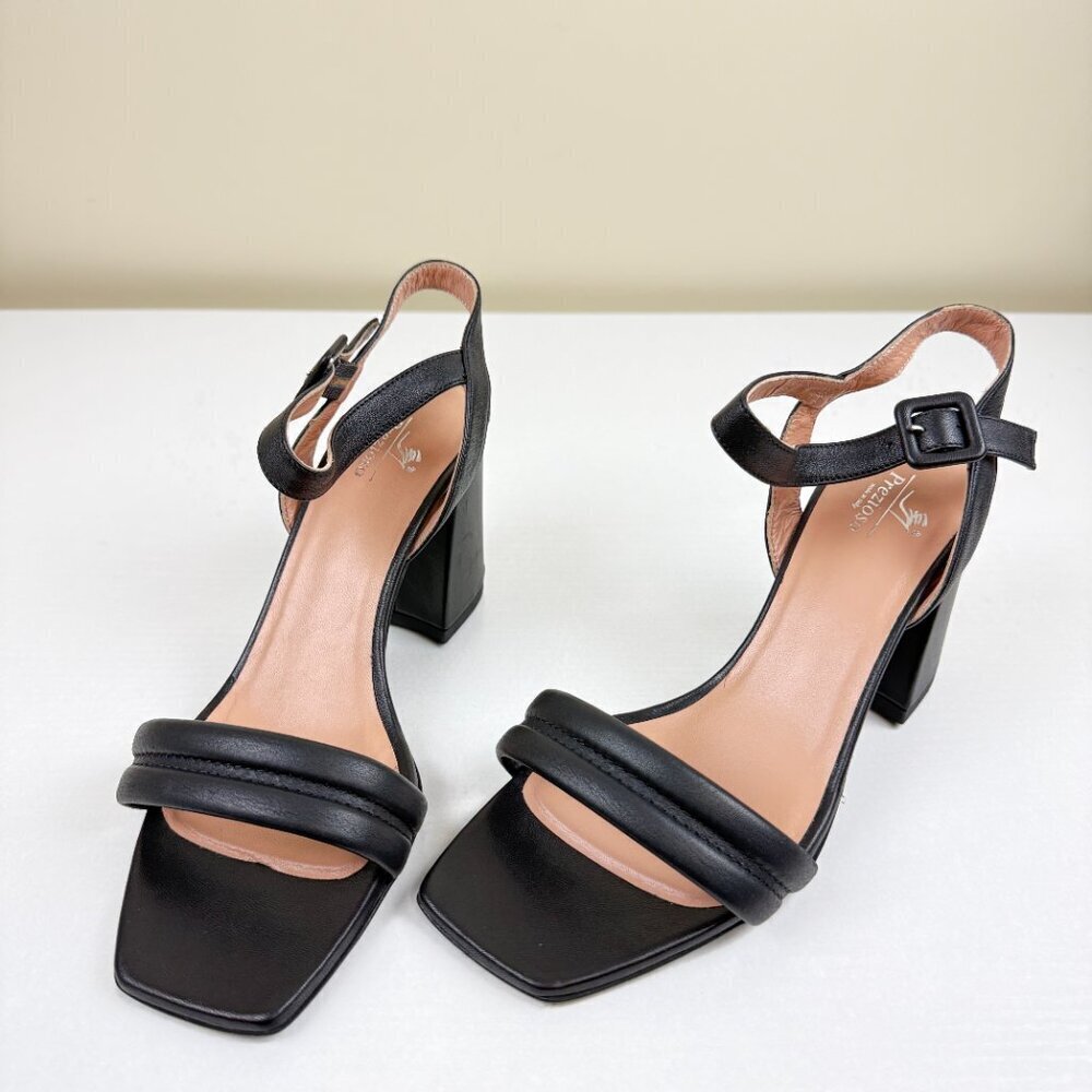 Prezioso Black Leather Stack Heel Sandals Made In Italy
